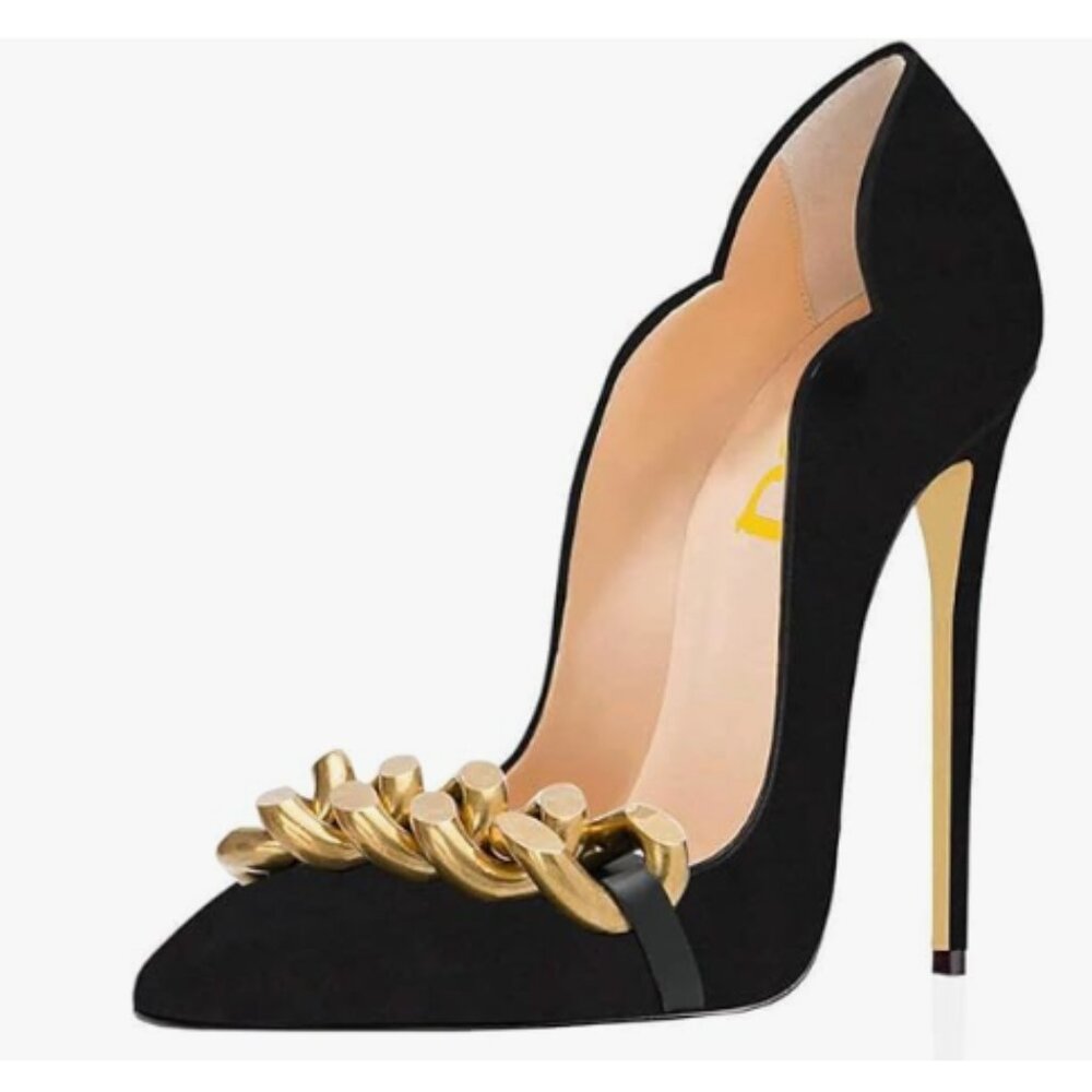 FSJ Black Chain Pointed Toe High Heels Sexy Stiletto Pumps Office Lady Shoes